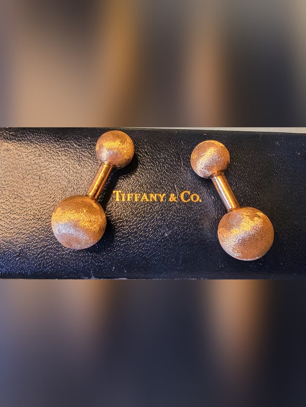 Tiffany & Co. Brushed 14k Gold Double-Sided Barbell Style Ball Cufflinks w Box